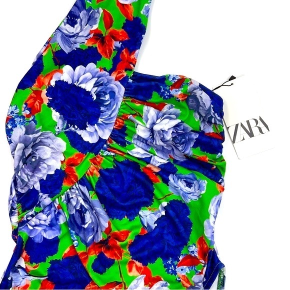 Zara Asymmetric Neckline Ruched Floral Bodysuit Blogger Fave Bold Vibrant Small - Picture 6 of 16